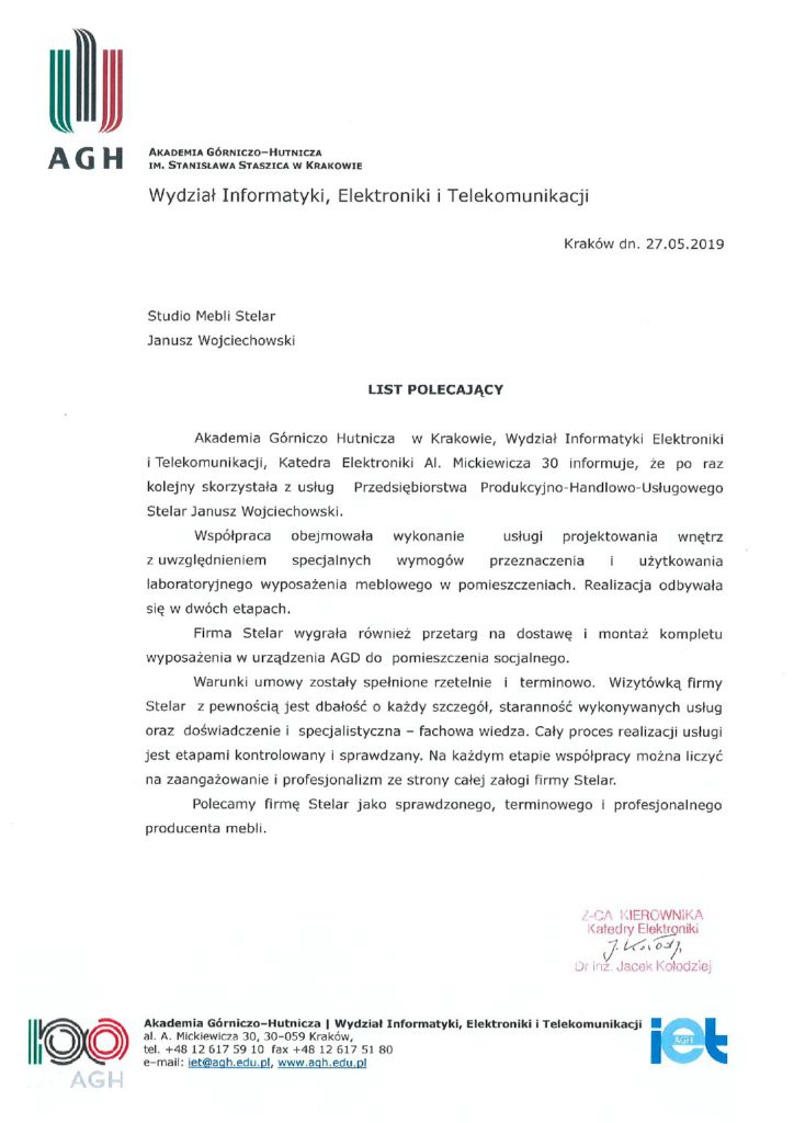 Skan oryginalnego listu referencyjnego AGH